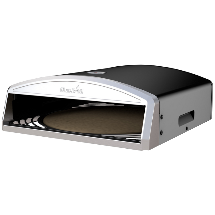 Silver Char-Broil pizza oven with black interior and control panel.