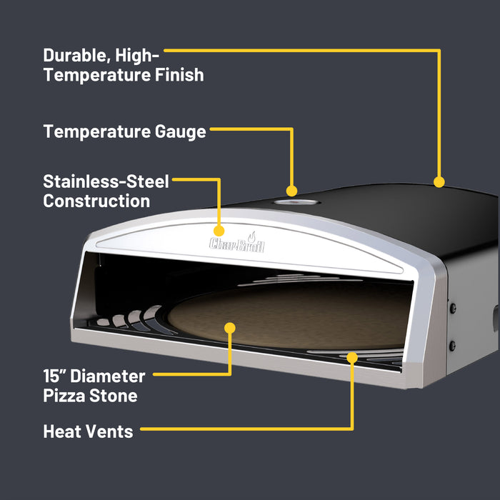 Silver Char-Broil pizza oven with durable high-temperature finish, temperature gauge, stainless steel construction.
