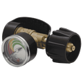 Black and gold pressure gauge with temperature scale and hose connector.
