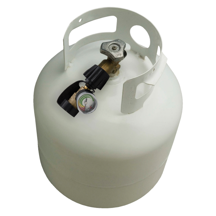 White propane tank with pressure gauge and valve.