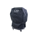 Black Char-Broil grill cover on a trolley.
