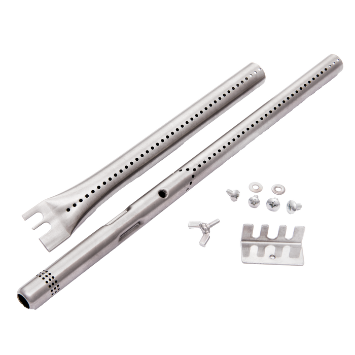 Silver gas burner tubes with holes and hardware components.