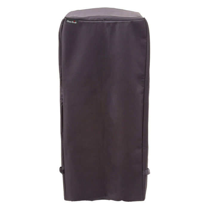 Black Char-Broil grill cover with adjustable straps.