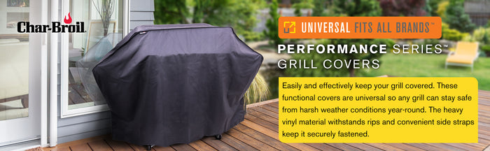 Dark gray Char-Broil Performance Series grill cover with side straps.